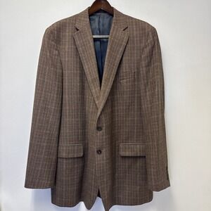 Corbin Mens 46L Brown‎ Glen Plaid 100% Wool Blazer Sport Coat Jacket Made Chile